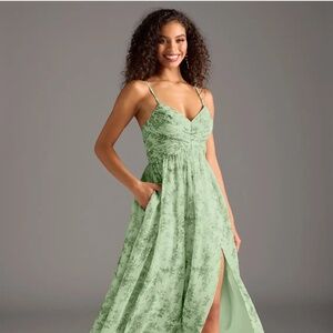 Azazie Alia chiffon dress in green fern floral sz A14